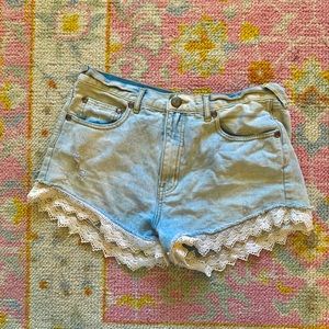 Free People White Eyelit Lace Trimmed Jean Shorts